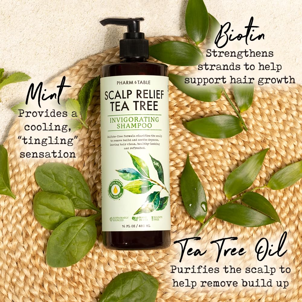 PHARM TO TABLE Tea Tree Shampoo For Men and Women - Infused with Tea Tree oil, Mint, Biotin and Vitamin E, 16.2oz