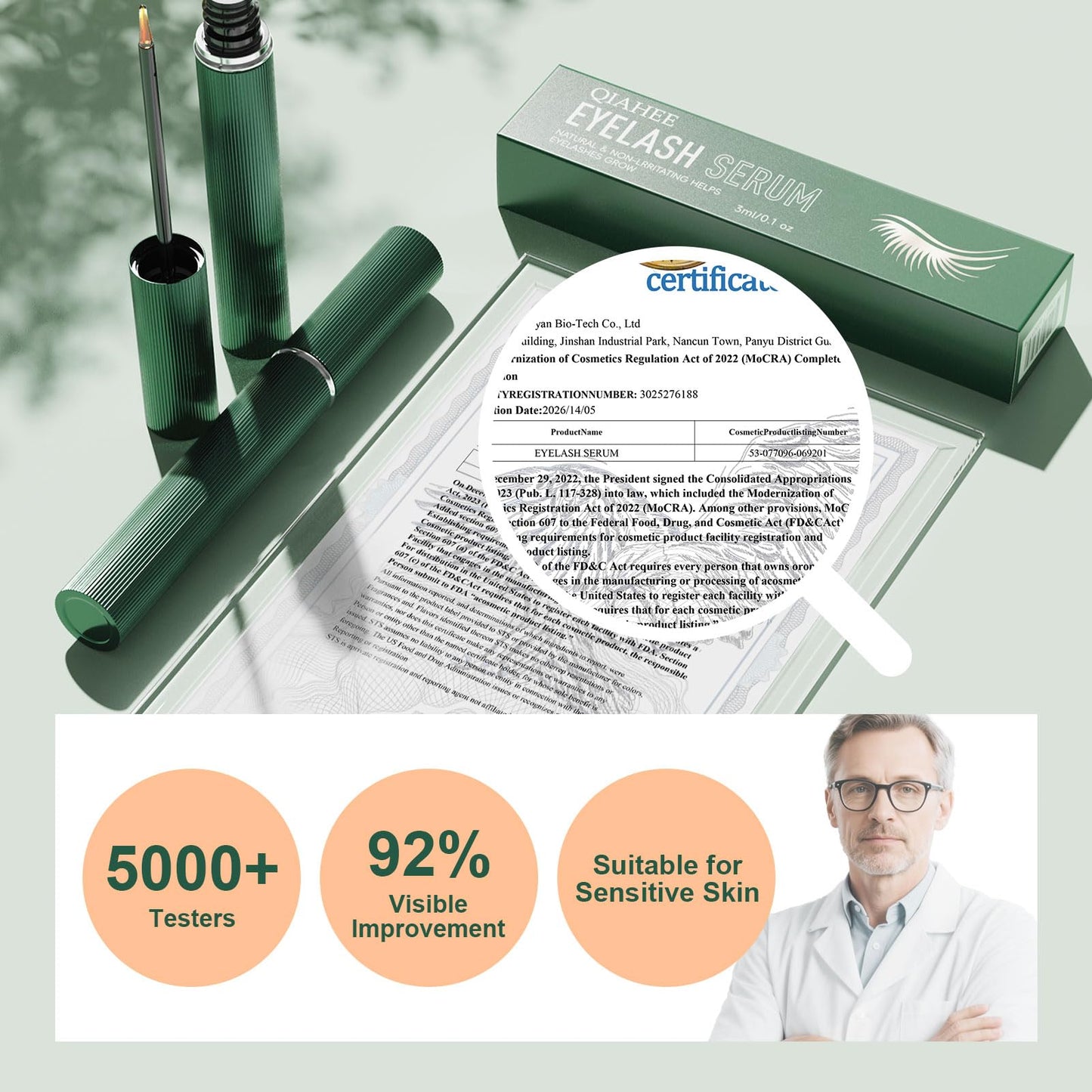 QIAHEE Eyelash Serum, Lash Serums for Thicker, Longer and Fuller Eyelashes, Eyelash Growth Serum