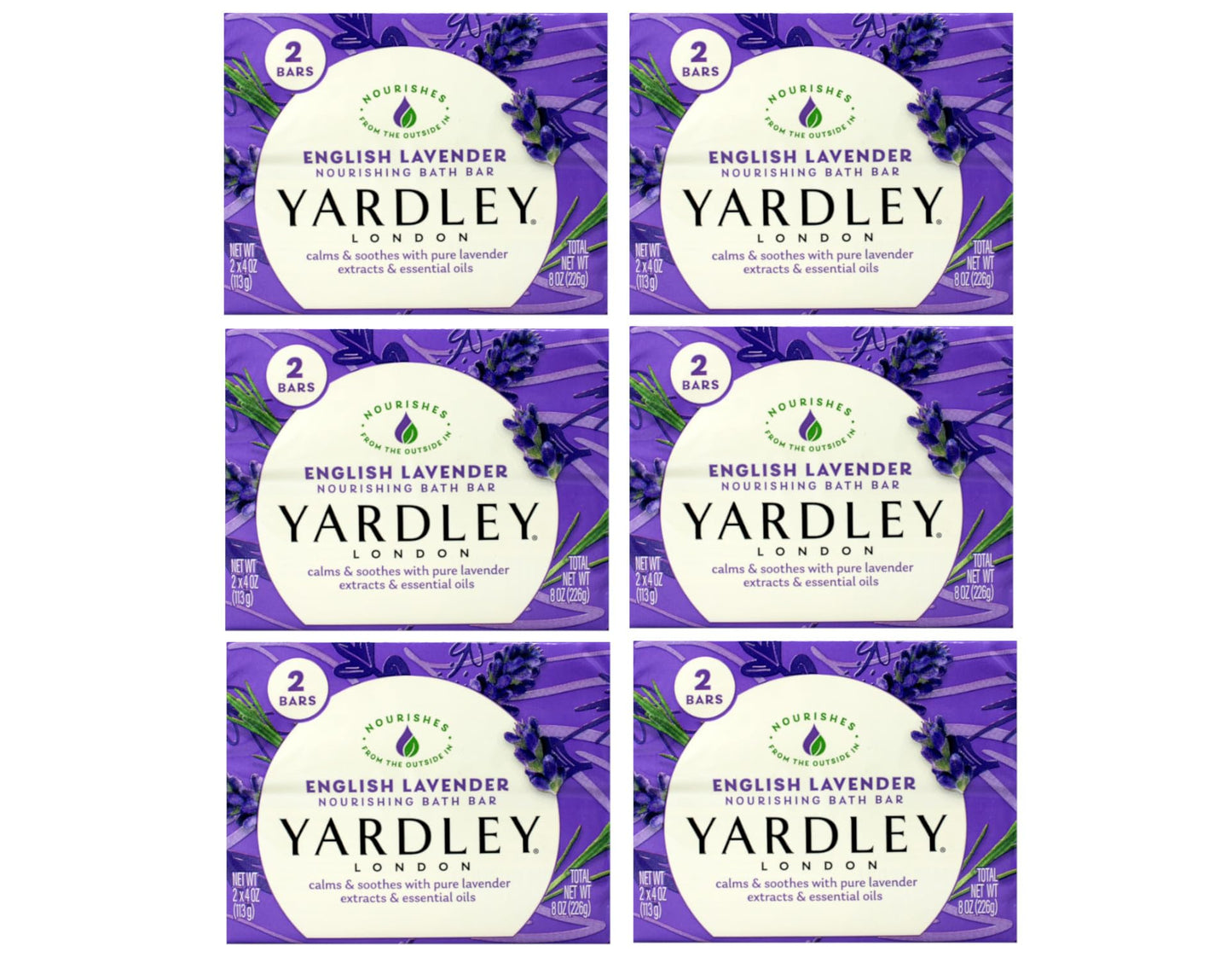 Yardley London English Lavender Nourishing Bath Bar Soap, Calming and Soothing with Essential Oils, 6 Boxes (2 Bars Each, 4 oz Per Bar)