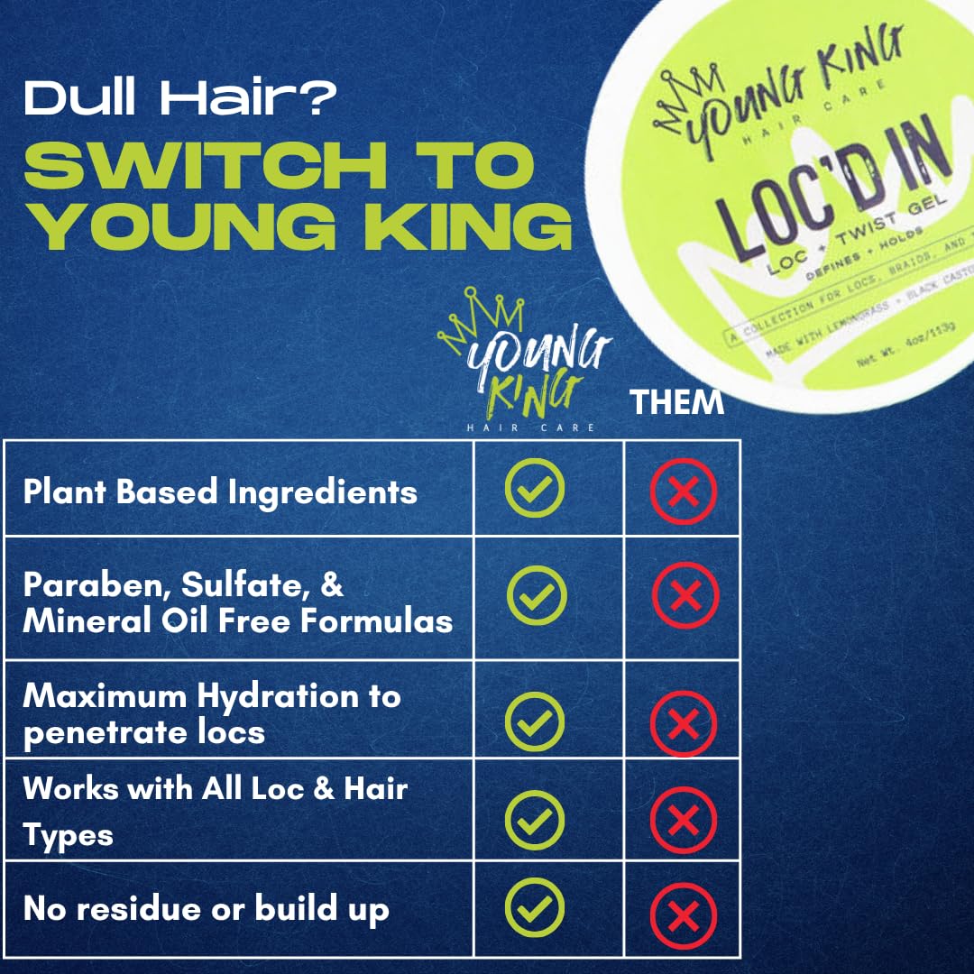 YOUNG KING HAIR CARE Loc & Twist Gel | Strong & Firm Hold, Smooths & Tames Frizz | No Flaking or Residue | Lemongrass and Apple Cider Vinegar |