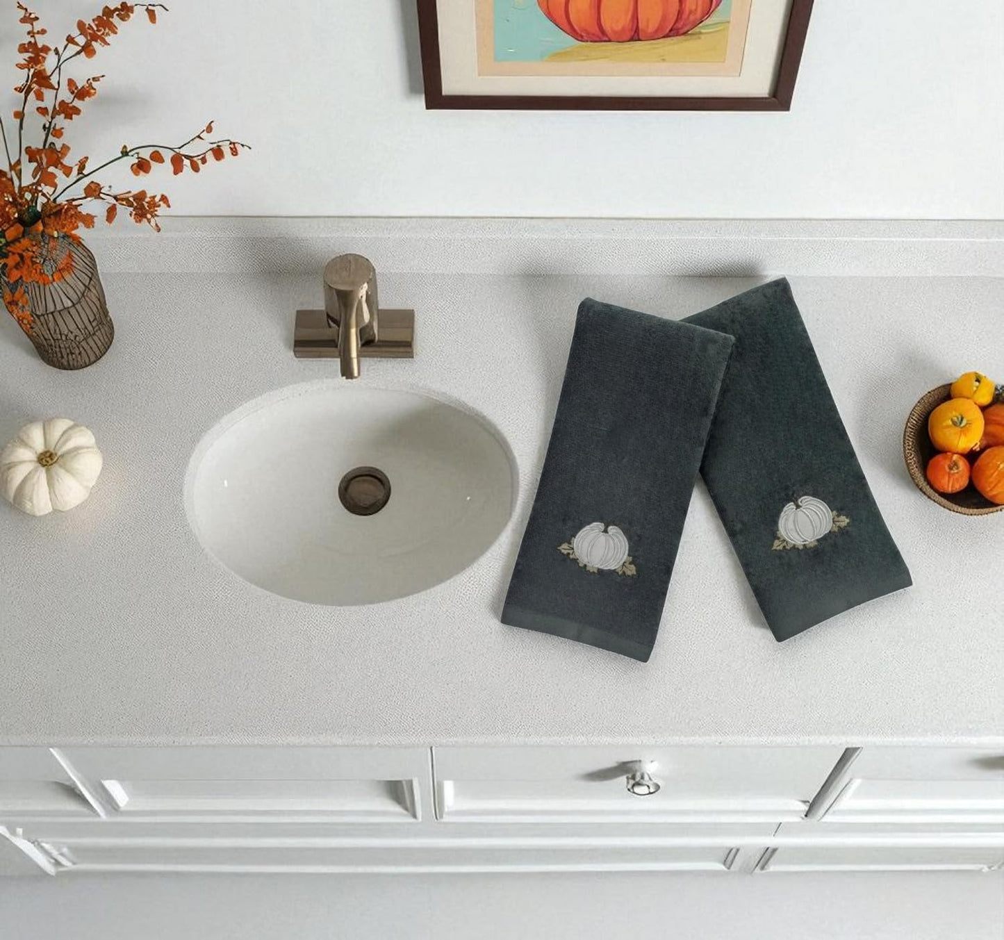 Serafina Home Autumn Fall Bath Hand Towels Bathroom Decor Farmhouse Harvest: Plush Soft Gray Grey 100% Cotton Terry Velour Appliqué and Embroidered…