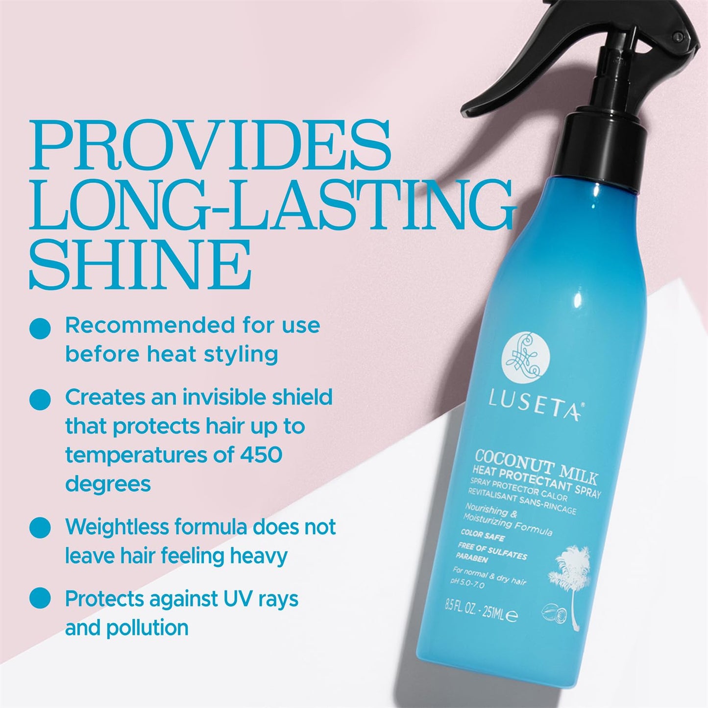 Luseta Coconut Milk Heat Protection Spray for Hair Styling, Preventing Heat Damage and Breakage for Women and Men 8.5oz