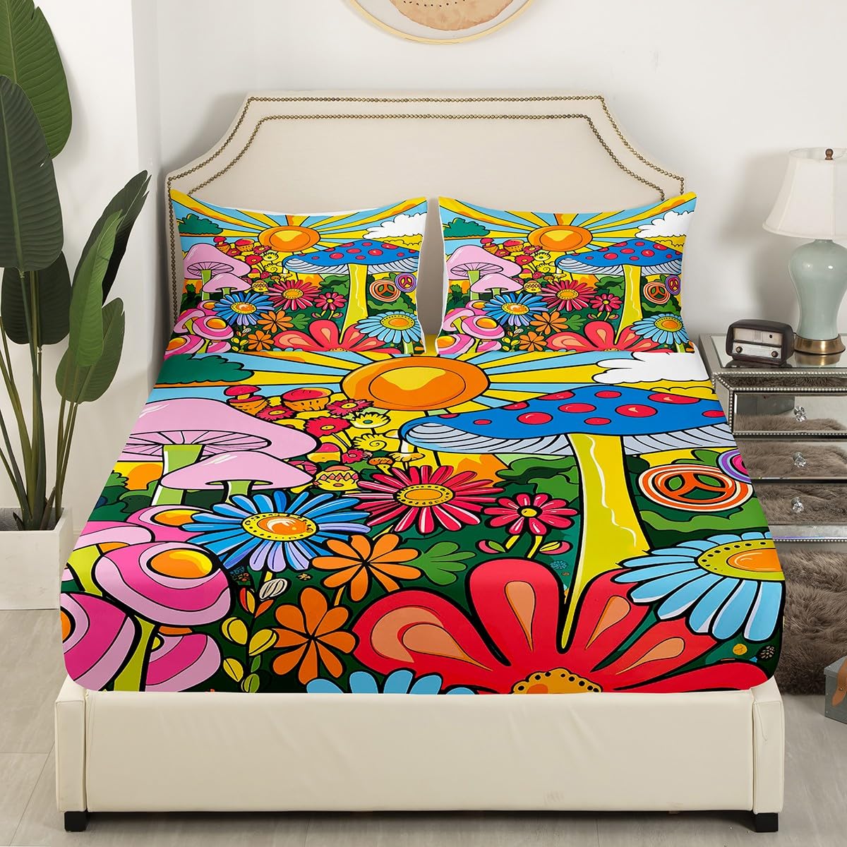 Erosebridal Kawaii Mushroom Full Sheet Set Boho Sun Sheets Hippie Groovy Floral Sheet & Pillowcase Sets 60s 70s Retro Vintage Theme Bed Sheets Chic