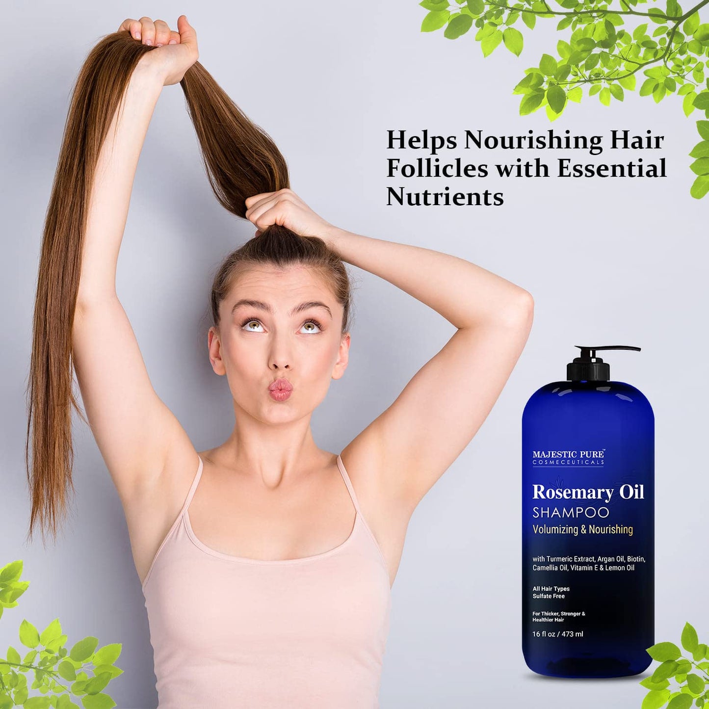 Majestic Pure Rosemary Oil Shampoo for Hair Growth - Volumizing & Nourishing Shampoo - with Vitamin E & Argan Oil - Sulfate Free, for Men & Women - 16