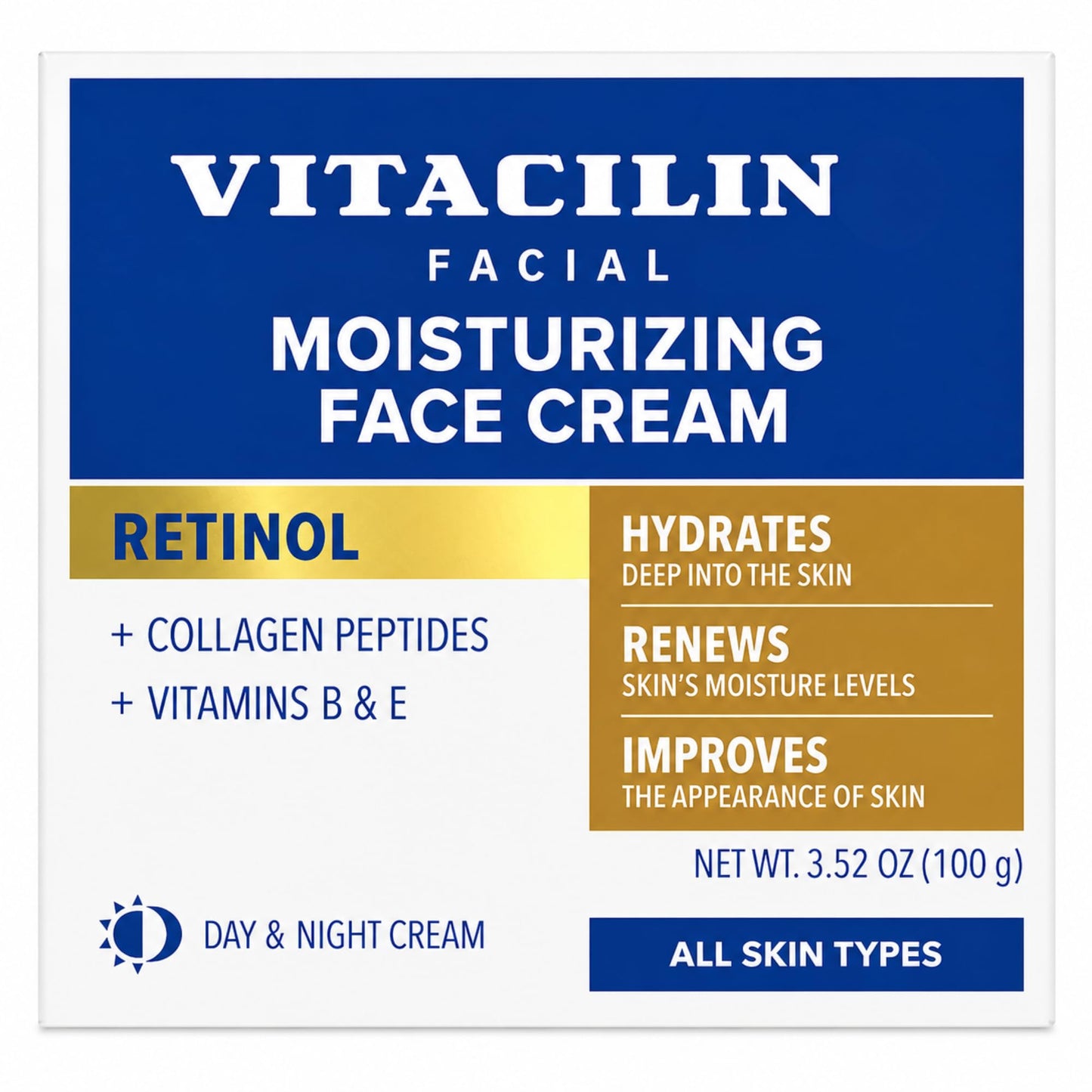 Vitacilin Facial Moisturizer with Retinol, Collagen Peptides & Vitamins B + E, 3.5 oz for All Skin Types
