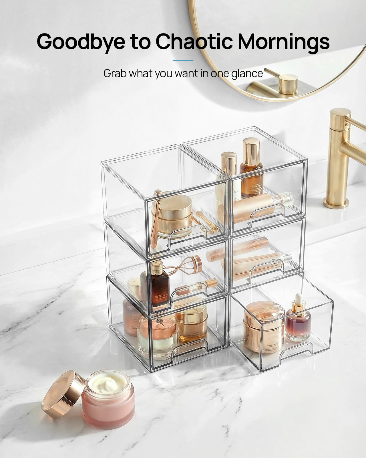 Vtopmart 6 Pack Small Clear Stackable Storage Drawers,Acrylic Bathroom Makeup Organizer,Plastic Storage Bins For Vanity, Undersink, Kitchen Cabinets Beauty and Personal Care Vtopmart
