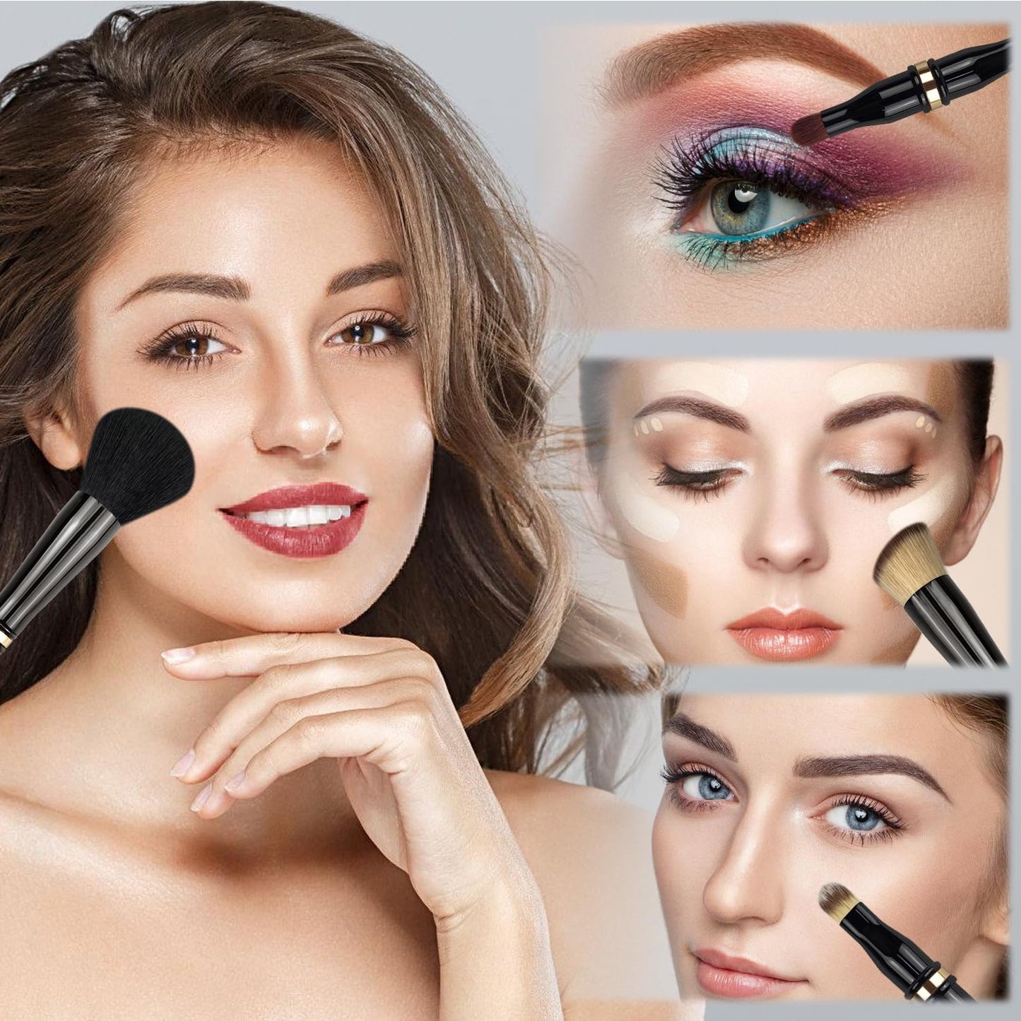 Voxora 4 in 1 Makeup Brush Set - All in One Powder/Blush, Foundation, Blending & Eyeshadow Brushes, Compact & Travel Essential