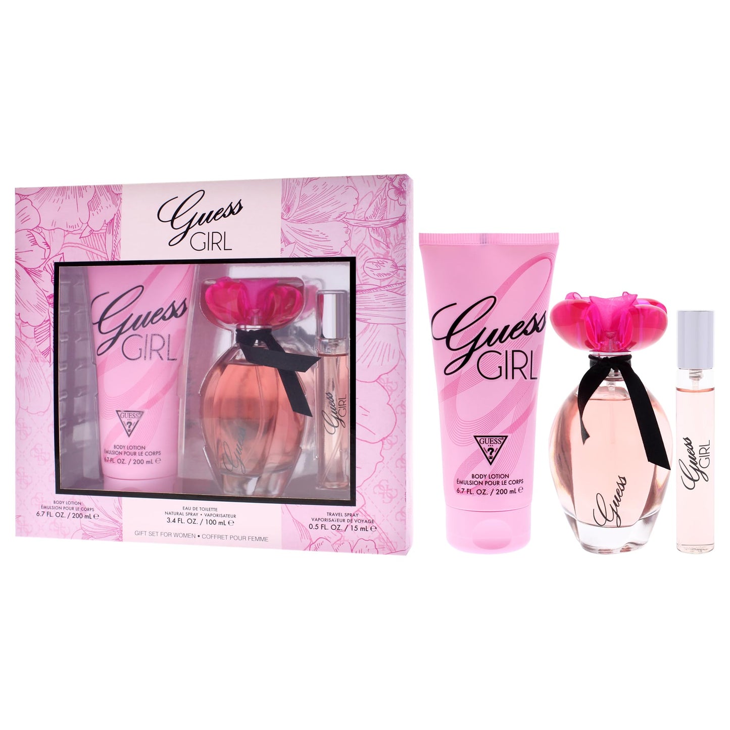 GUESS Girl Eau de Toilette 3 Piece Gift Set - Perfume Spray 3.4 Fl. Oz., Travel Spray 0.5 Fl. Oz., & Body Lotion 6.7 Fl. Oz
