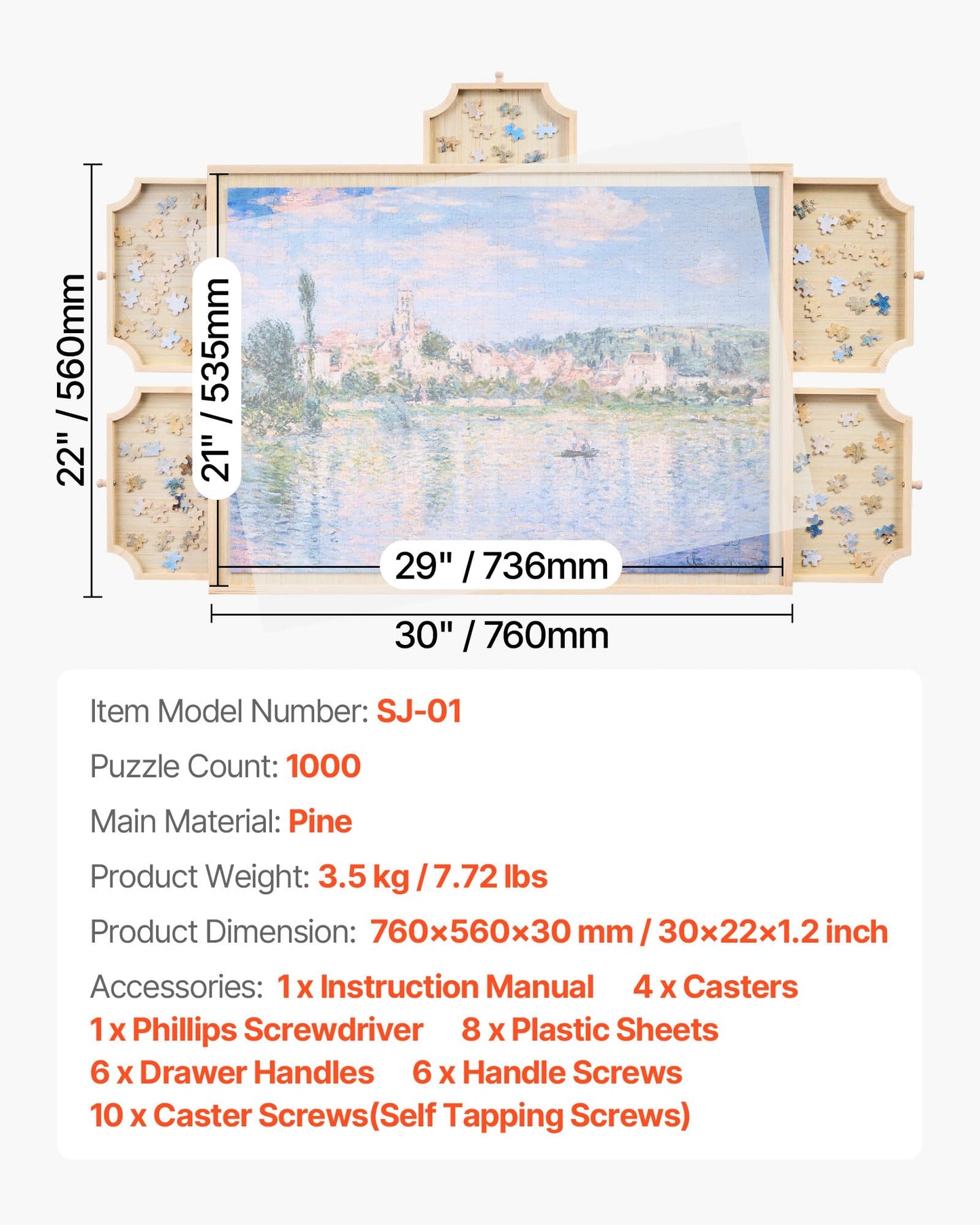 VEVOR 1000 Piece Rotating Puzzle Board – 29x21" Wooden Table with 5 Drawers & Cover, Portable Jigsaw Organizer & Storage Gift for Adults