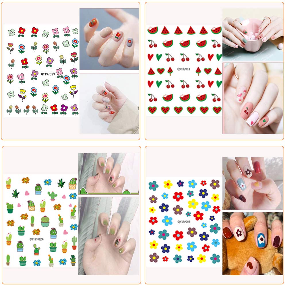 Nail Stickers for Women and Little Girls - 12 Sheets 3D Self-Adhesive DIY Nail Art Decoration Set Including Flowers Leaves Animals Plants Fruits Nail