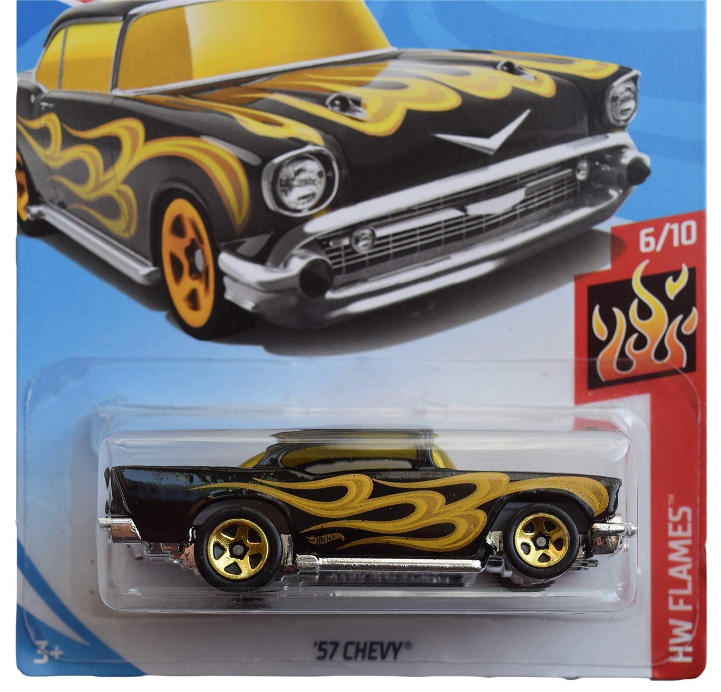 Hot Wheels Flames 6/10 [Black/Gold] '57 Chevy 9/250 2019 Month Card