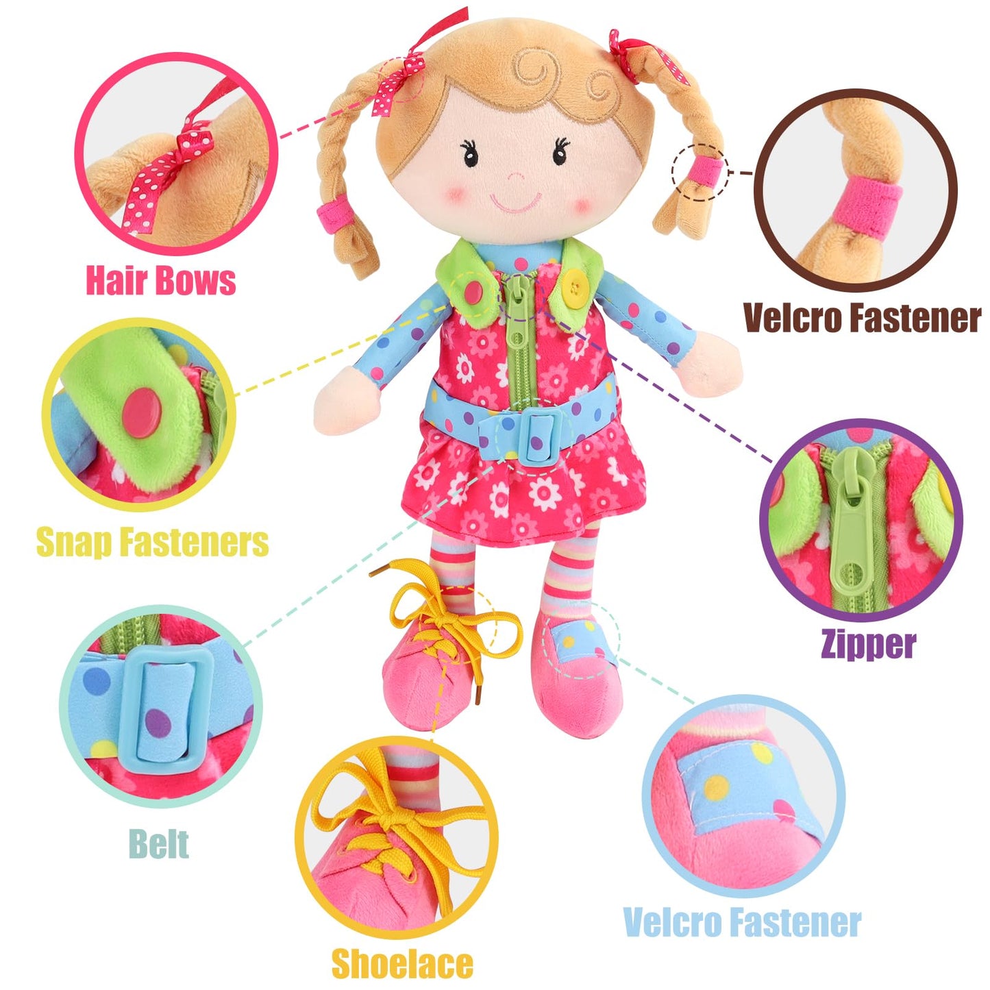 Snuggle Stuffs Sugar Snap Plush Learn to Dress Doll for Toddlers - 15" - for 2 Year Old Girl - Montessori