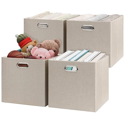 Posprica Storage Cube Basket Bins,13×13 Foldable Storage Boxes for Closet Organizer Shelf Cabinet Bookcase,Thick Fabric Drawer,Set of 4, Beige