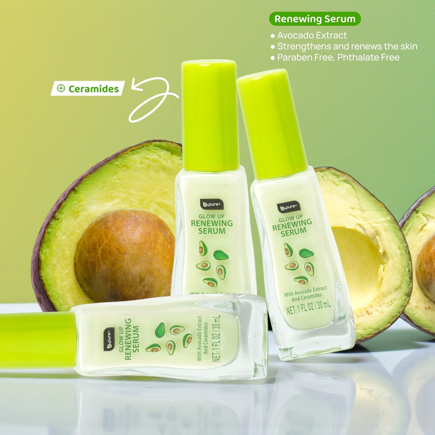 b.pure Glow Up Avocado Renewing & Strengthening Face Serum | Avocado Extract & Ceramides | 1 oz, 3-Pack