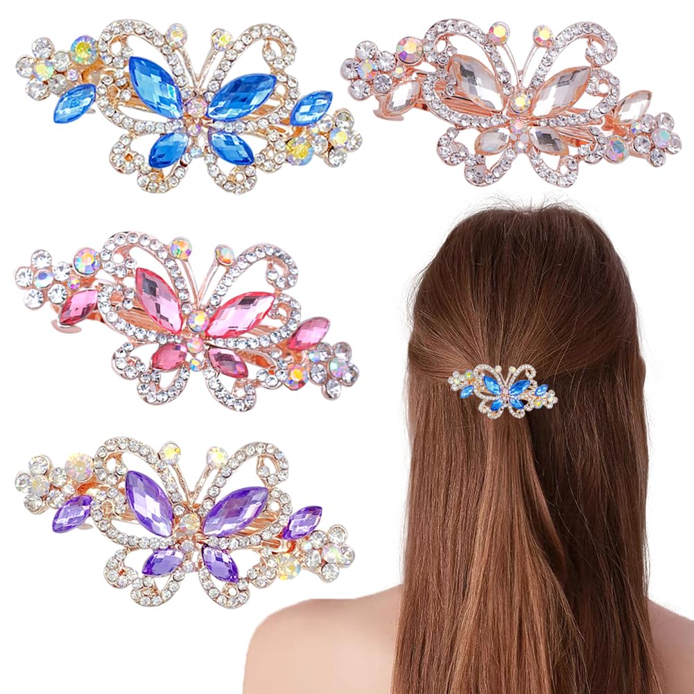 4 PCS Hair Clips for Women Ladies, Butterfly Design Crystal Rhinestones French Barrettes Spring Hair Barrettes Clip, Women Fashion Ponytail Holders