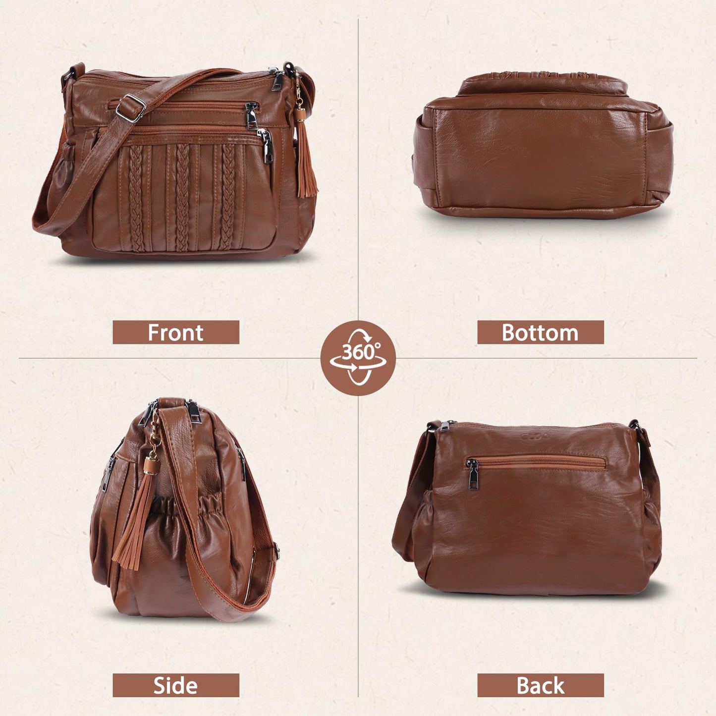 ELDA Purses for Women Pocketbooks Soft PU Leather Ladies Crossbody Purse Multi Pocket Shoulder Bag (Brown)