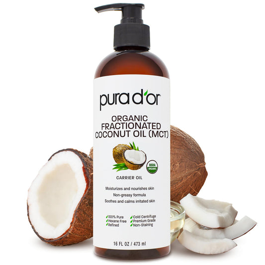 PURA D'OR ORGANIC Fractionated Coconut Oil MCT Oil (16 Oz) 100% Pure & Natural USDA Certified