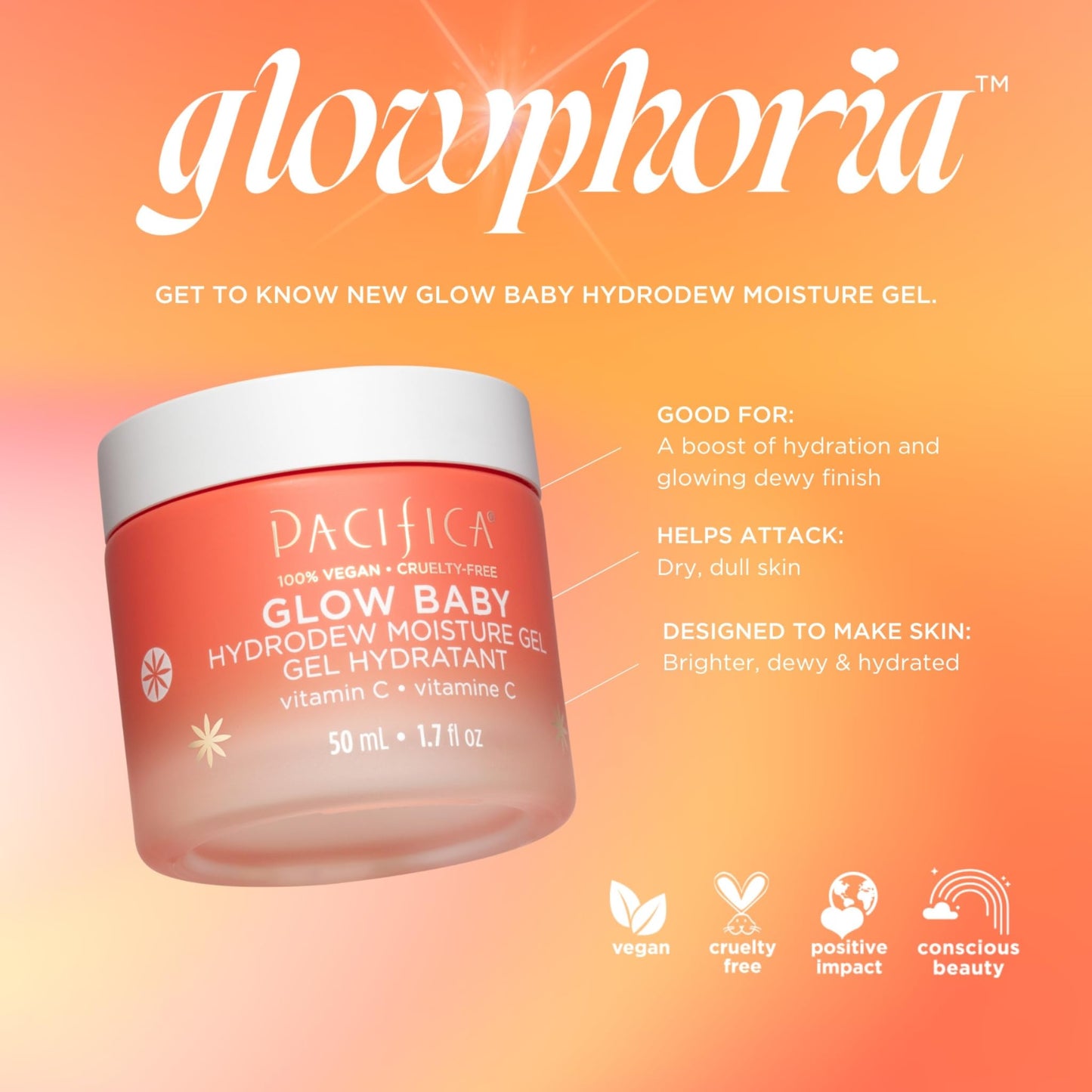 Pacifica Glow Baby Hydrodew Gel Moisturizer - Vitamin C & Niacinamide Dewy Face Gel for Glowing Skin, Lightweight Oil-Free Daily Moisturizer