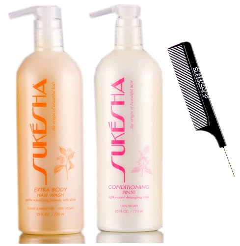 Sukesha Extra Body Hair Wash Shampoo & Conditioning Rinse Conditioner DUO Set (w/Sleek Comb) Gentle Volumizing Formula, Light Detangling, 100% Vegan