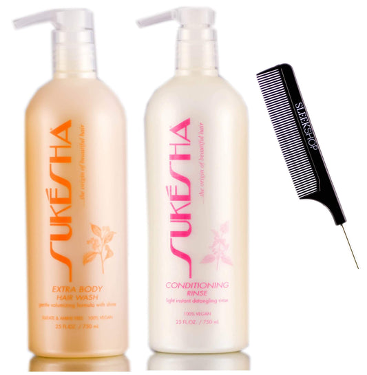 Sukesha Extra Body Hair Wash Shampoo & Conditioning Rinse Conditioner DUO Set (w/Sleek Comb) Gentle Volumizing Formula, Light Detangling, 100% Vegan