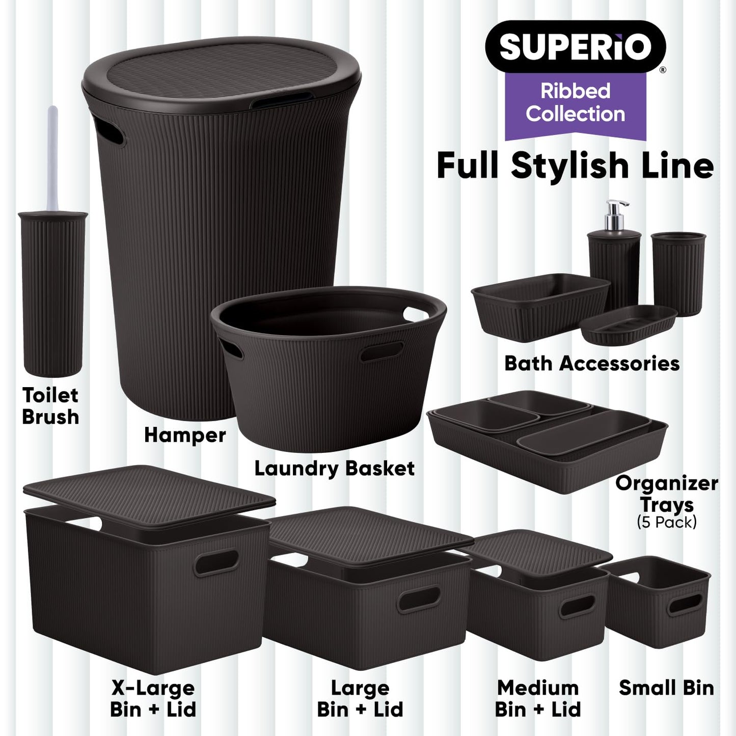 Superio Ribbed Collection - Decorative Plastic Open Home Storage Bins Organizer Baskets, X-Large Brown (1 Pack) Container Boxes for Organizing Closet…