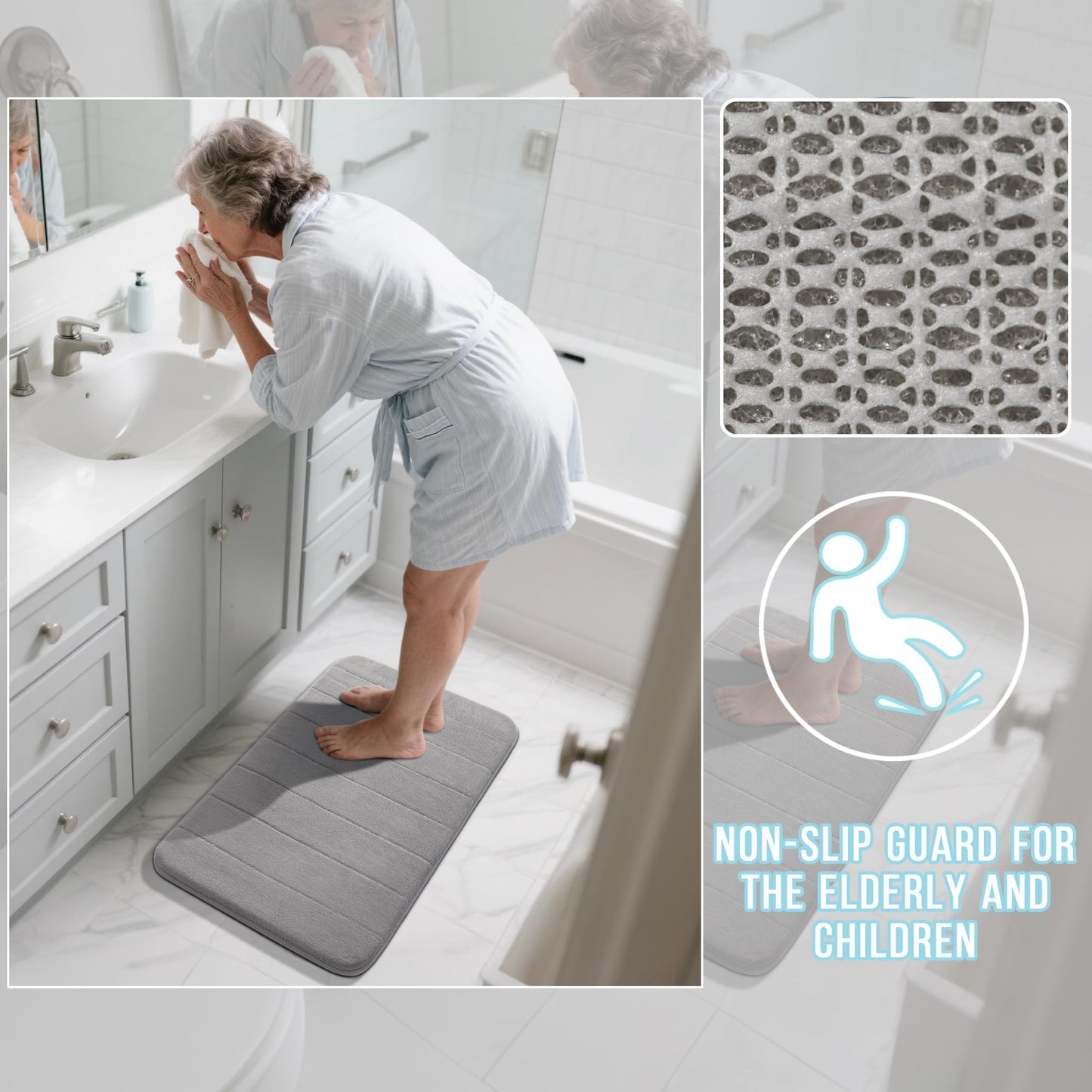 Yimobra Memory Foam Bath Mat, Super Soft & Absorbent, Non-Slip, Quick Dry, Machine Washable Rug for Bathroom, Tub & Shower, 24x17 in, Gray