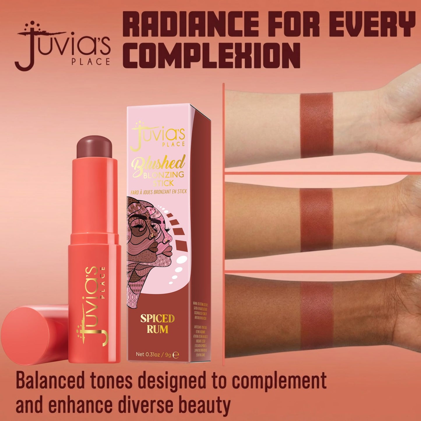 Juvia's Place Blushed Blonzing Stick - Spiced Rum - 2-in-1 Cream Bronzer & Blush Stick for Face - Buildable, Blendable Formula for a Sculpted, Radiant