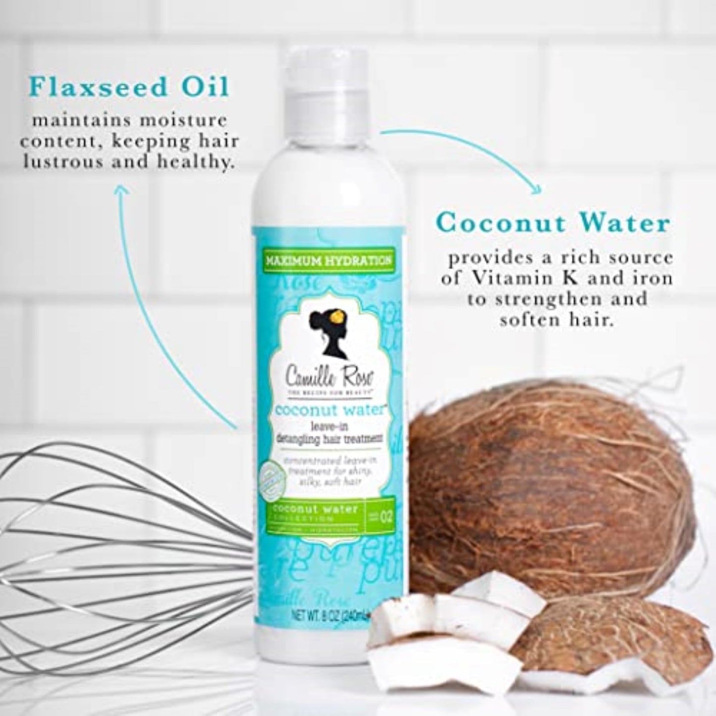 Camille Rose Leave-In Conditioner, Coconut Water - Lightweight Deep Conditioning Hair Treatment, Detangler & Frizz Control, 8 Fl Oz