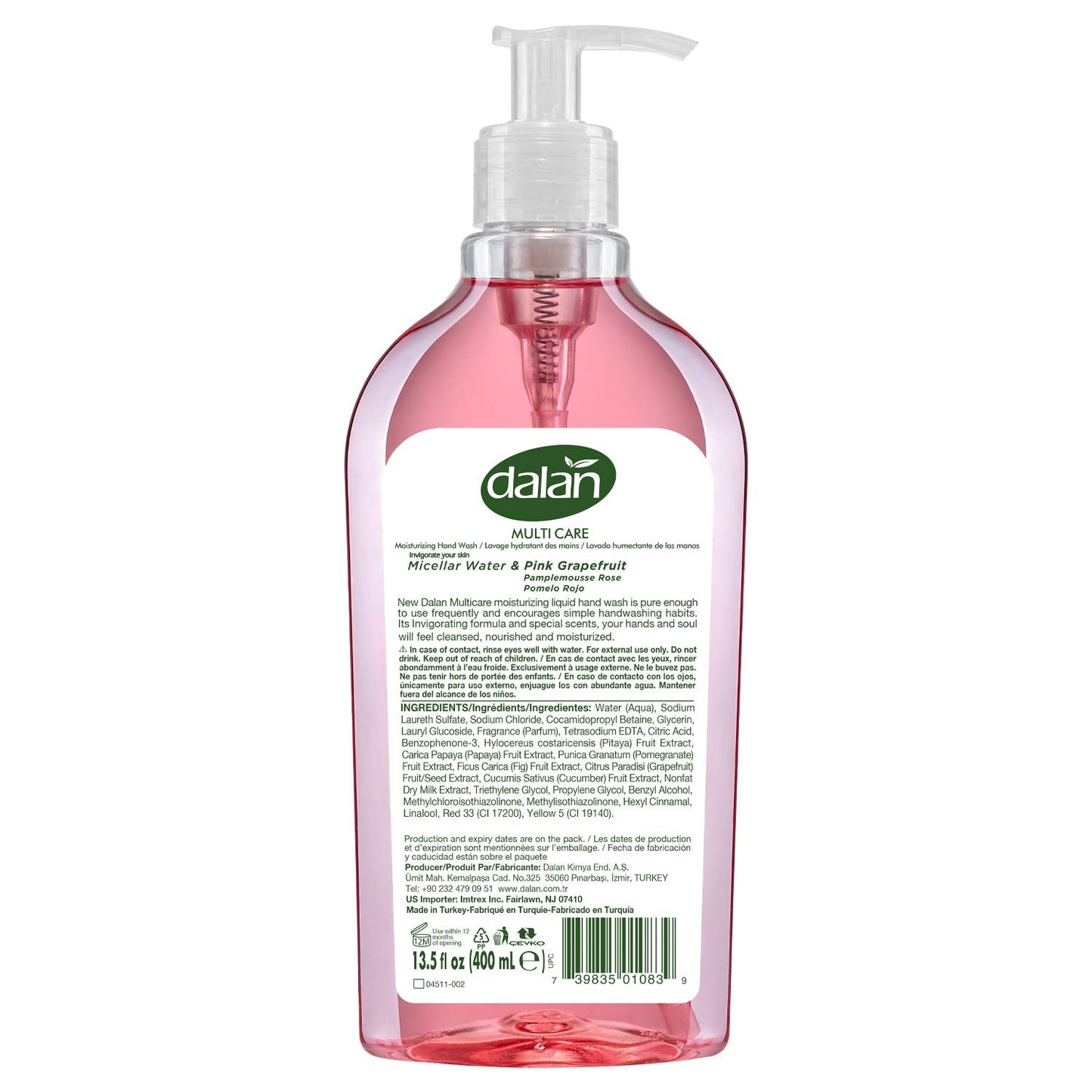 Dalan Pink Grapefruit Multicare Ultra Moisturizing Liquid Hand Soap for Normal and Dry Hands Fresh Clean and Soft Feeling (13.5 Fl Oz / 400 mL (Pack