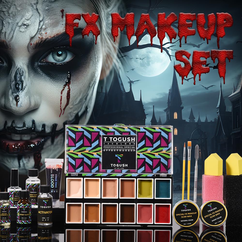 T TOGUSH Halloween Makeup Special Effects SFX Makeup Kit 12 Colors FX Palette Face Body Painting with Fake Blood,Scar Wax,Spirit Gum,Castor