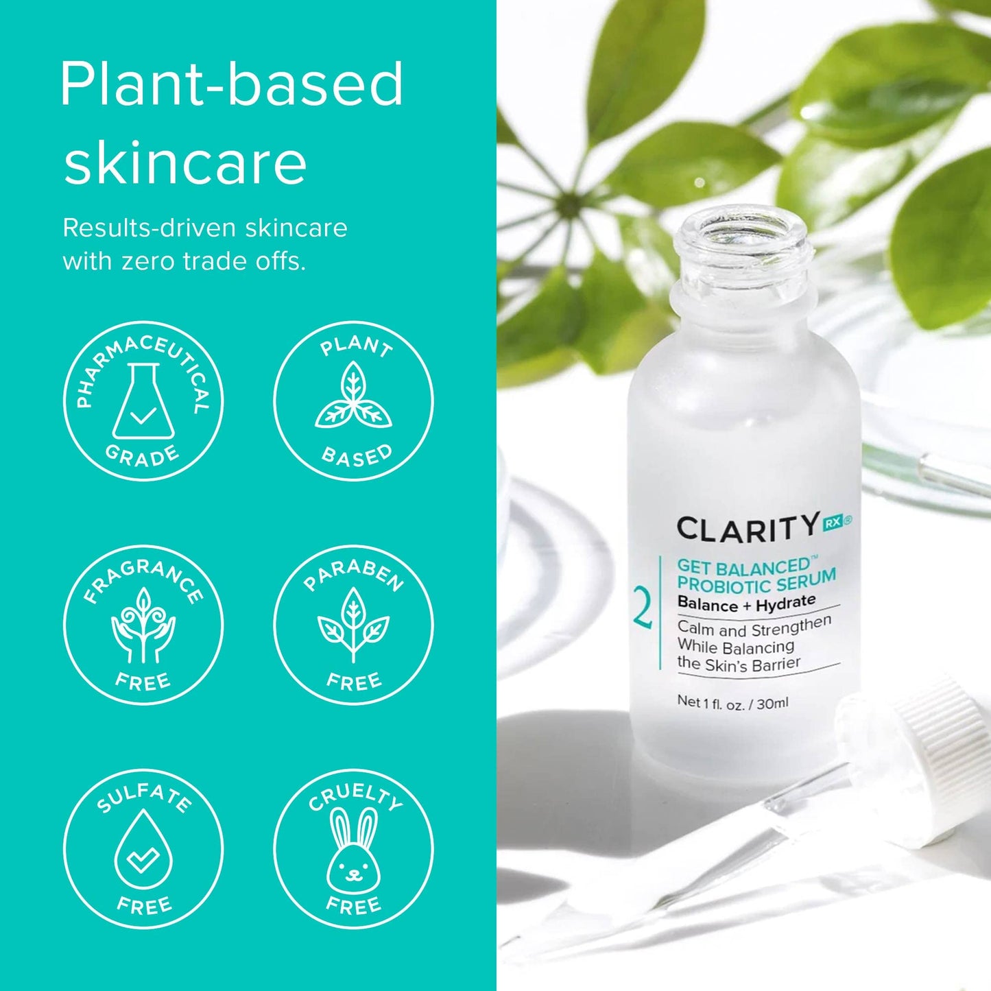 ClarityRx Get Balanced Probiotic Hydrating Face Serum, Natural Plant-Based Skin-Balancing Treatment with Hyaluronic Acid & Antioxidants for Normal