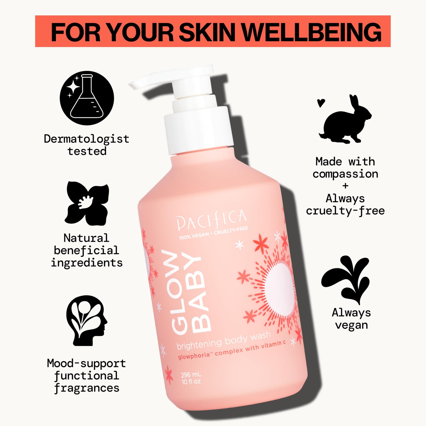 Pacifica Glow Baby Brightening Body Wash - Vitamin C & AHA Exfoliating Body Wash for Glowing Skin, Moisturizing Daily Shower Gel for Dull Dry Skin