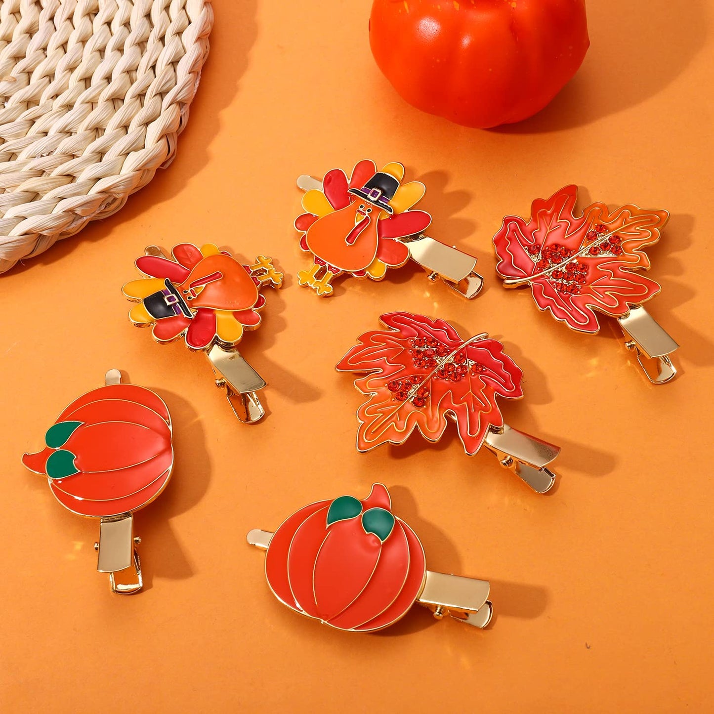 HZEYN 6 Pack Thanksgiving Hair Clip Fall Pumpkin Maple Leaf Turkey Hair Clips for Women Autumn Fall Hair Barrette Accessory Holiday Gifts