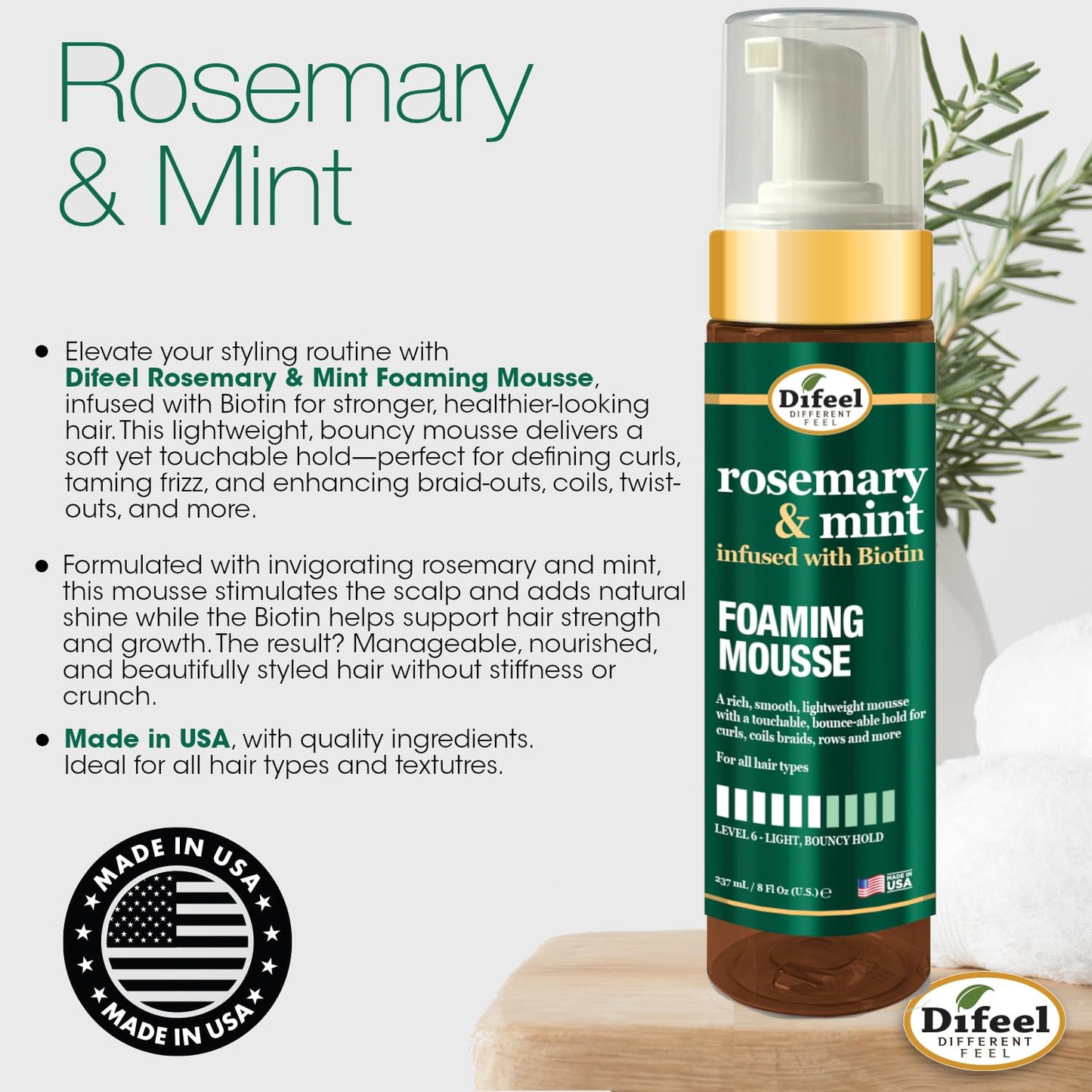 Difeel Rosemary & Mint Foaming Mousse 8 Ounces - Infused with Biotin, Level 6 Hold for Curls, Coil Braids, Rows and More