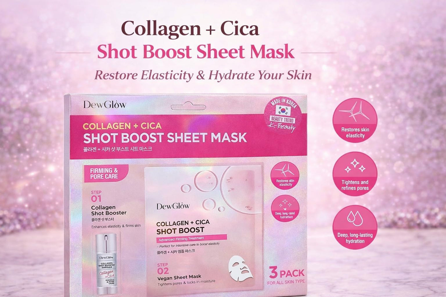 DewGlow Collagen + Cica Shot Boost Sheet Mask, Firming and Pore Care, 2-Step, 3 Pack
