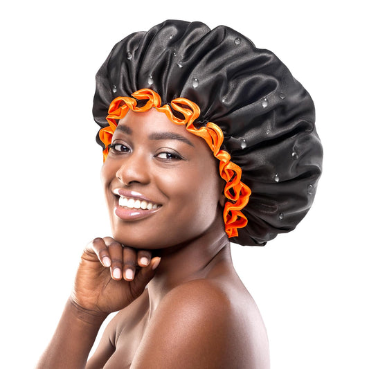 mikimini Large Shower Cap for Women Long Hair, Black, Reusable Waterproof Double Layers XL Washable Colorfast Odorless High-Quality Shower Cap for Men