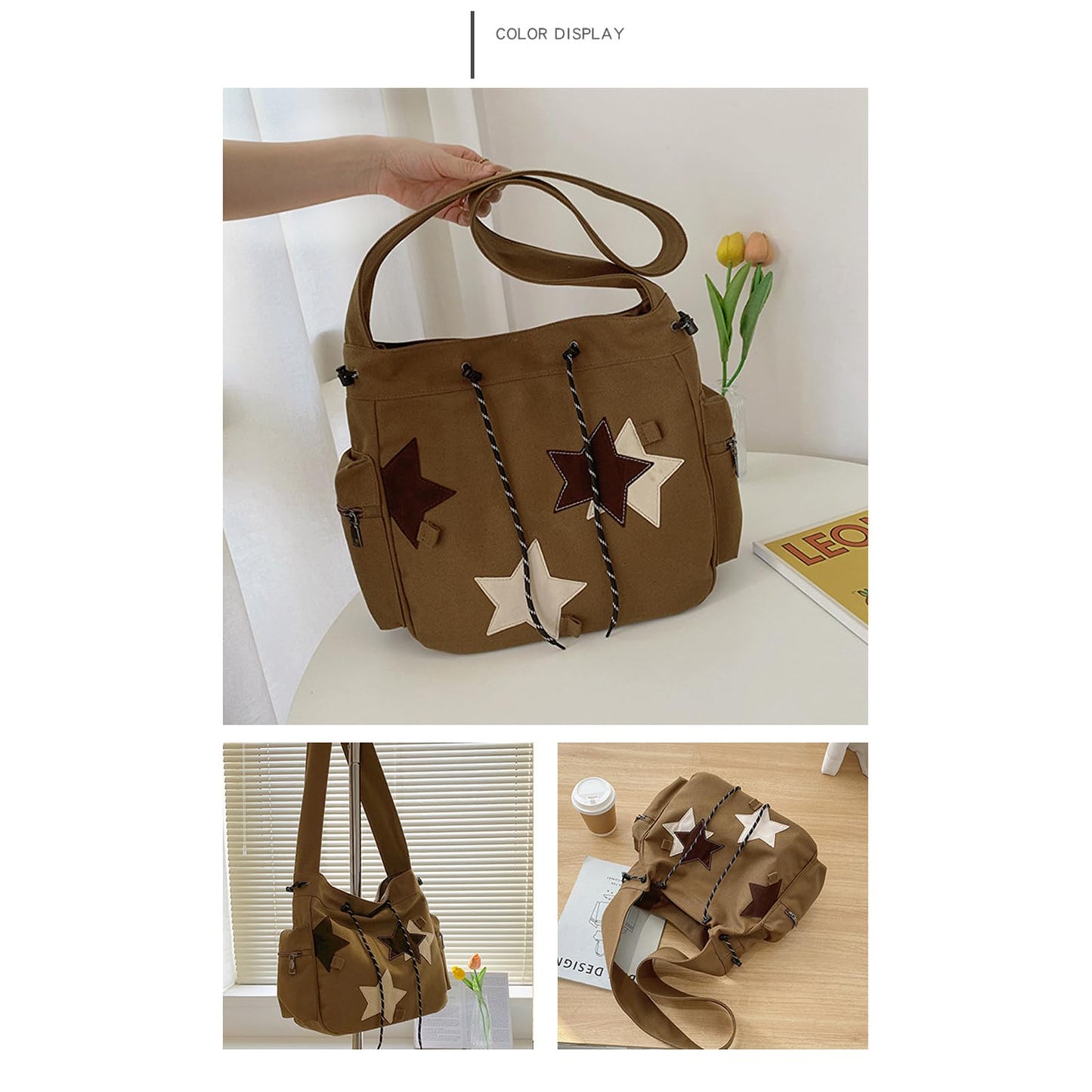 Women's Hippie Crossbody Bag Canvas Handbag Top Zipper Canvas Sling Strap Crossbody Bag Casual Handmade Bag (brown)