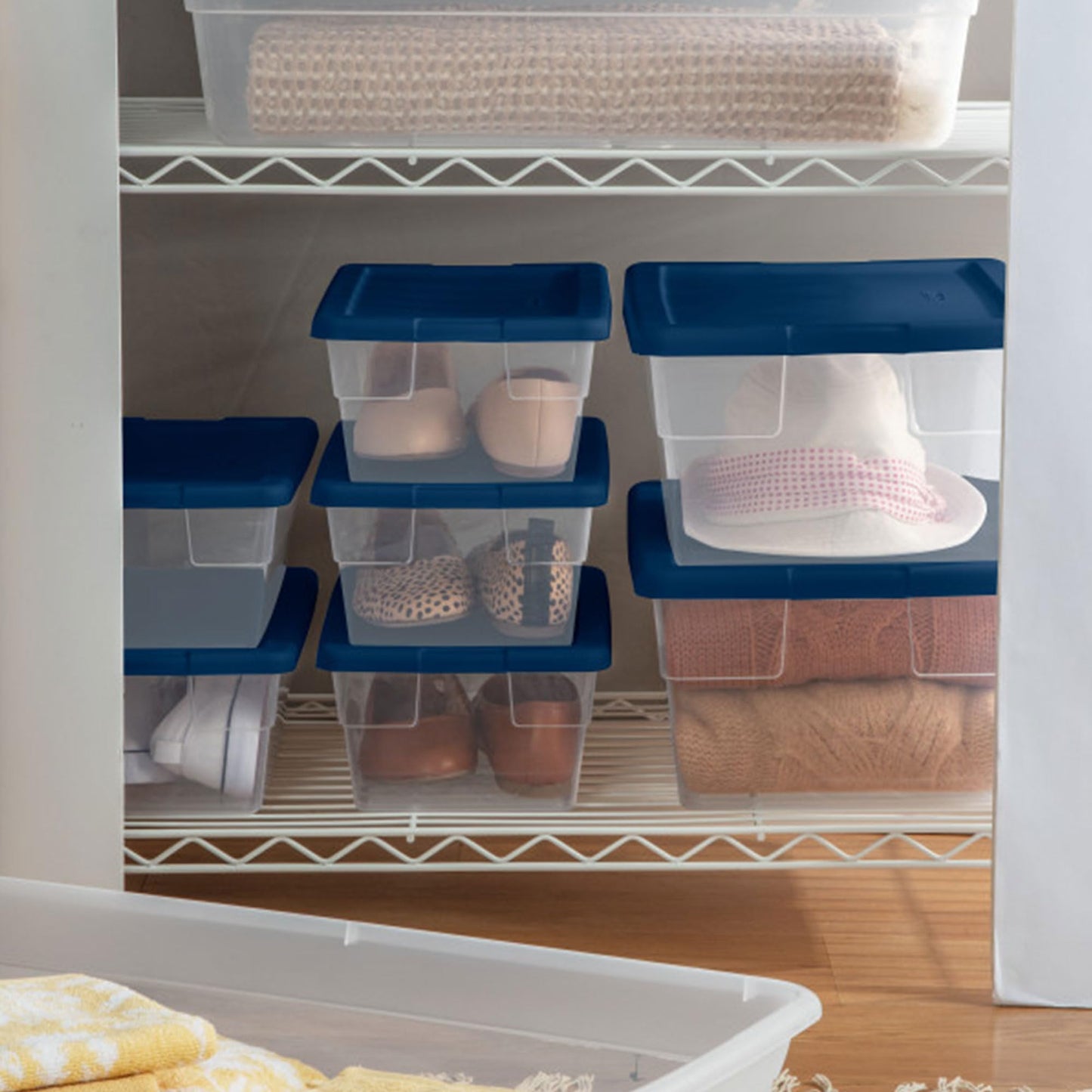 Sterilite Stackable 6 Quart Clear Home Storage Box with Handles and Blue Lid for Efficient, Space Saving Household Storage and Organization, 5 Pack
