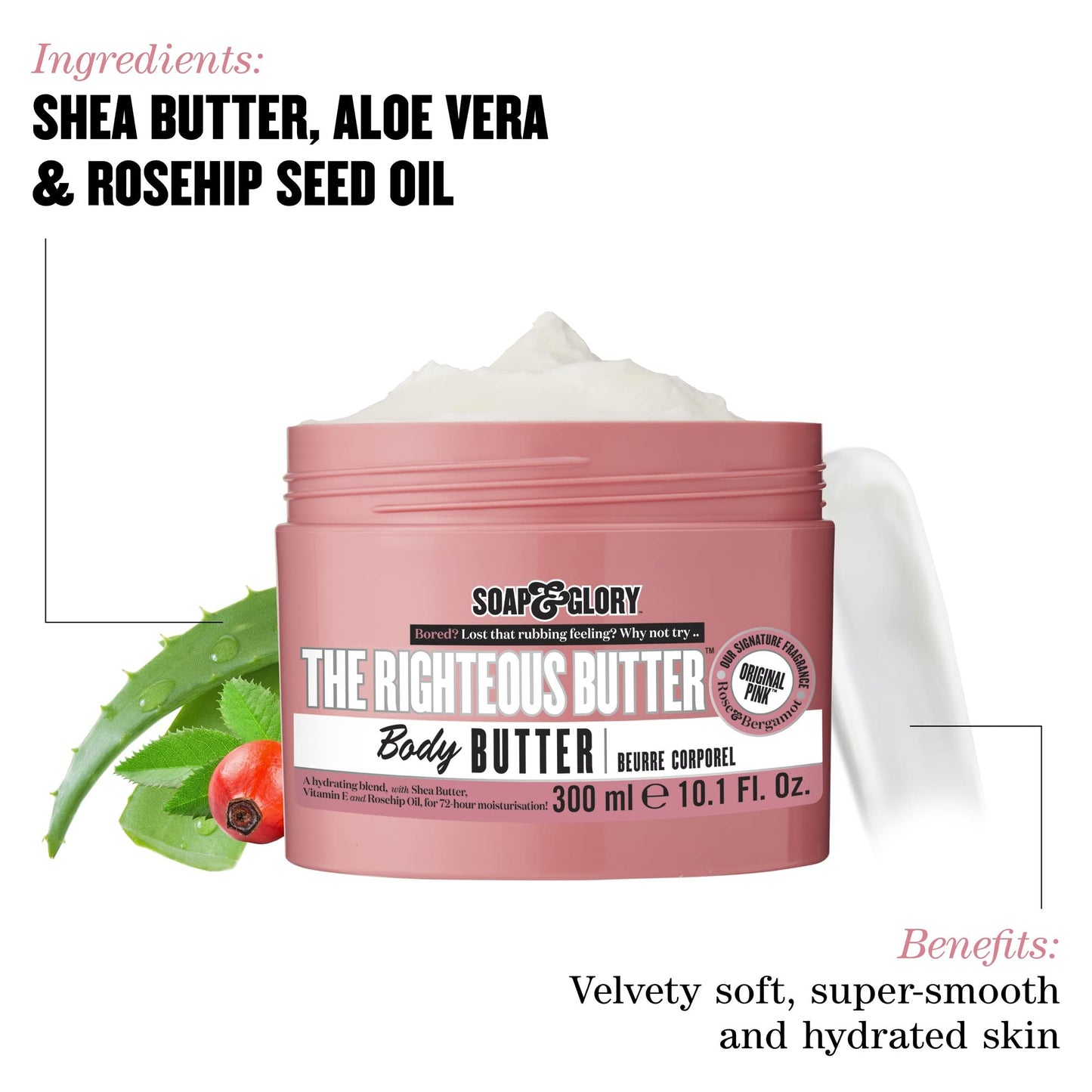 Soap & Glory The Righteous Body Butter - Hydrating Body Moisturizer for Dry Skin with Shea Butter, Vitamin E & Aloe Vera - Rich Lotion for Women