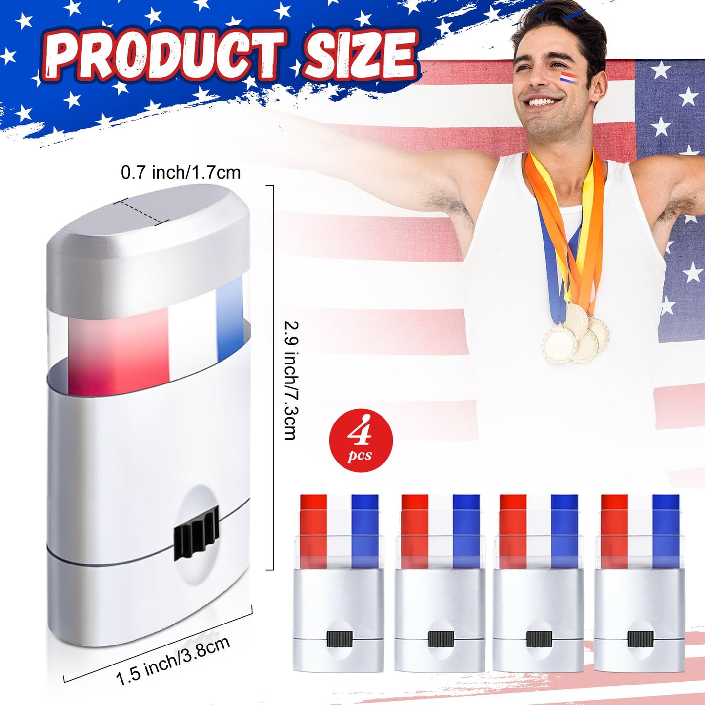 4 Pack Red White Blue Face Paint, USA Flag Color Stripe Stick, Patriotic Face Body Painting for Sports Parties, 4th of July, Parades Accessories