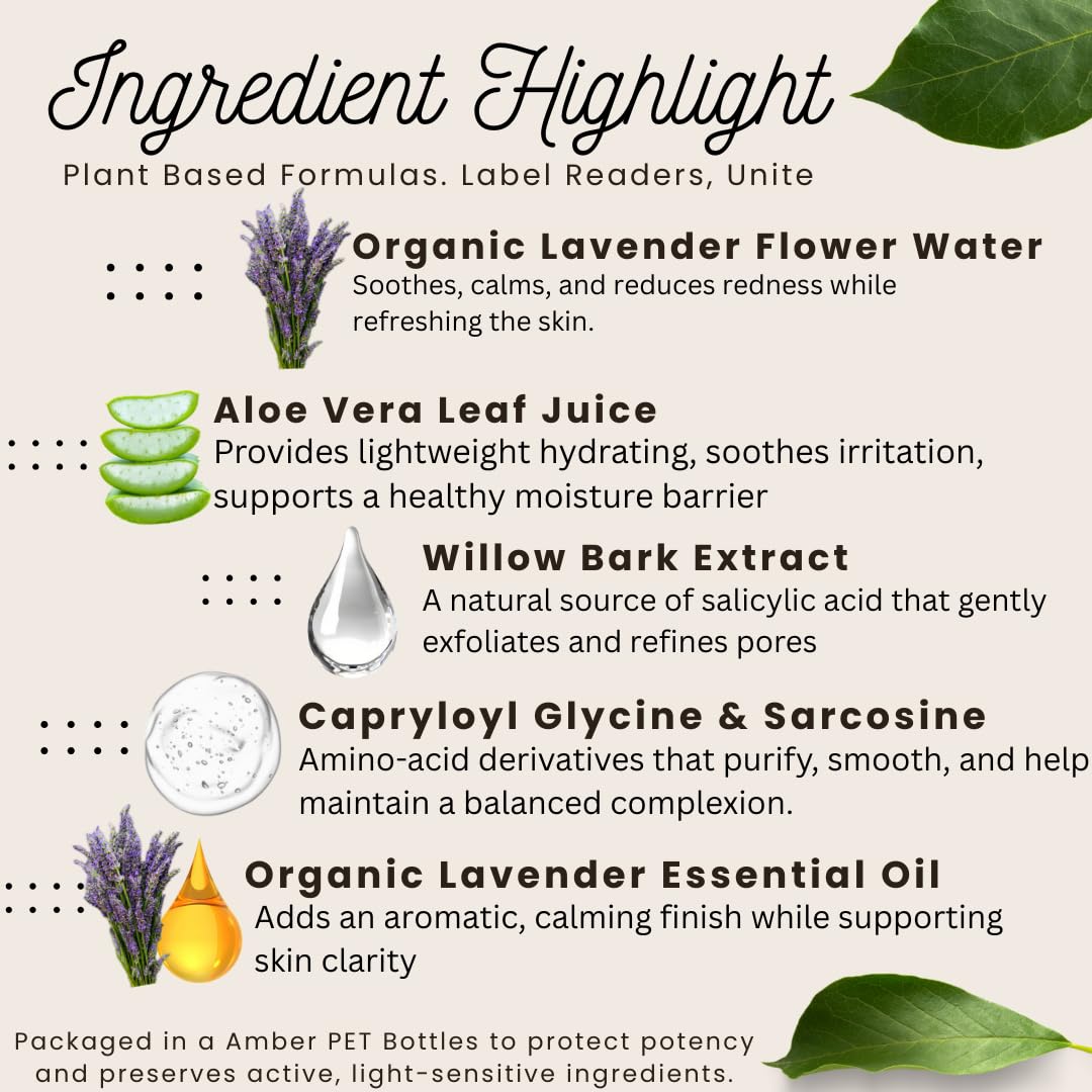 Hydrating Lavender Facial Mist - Natural Face Spray Toner with Pure Lavender Hydrosol - Refreshing & Calming Skincare Mist for Dry or Sensitive Skin