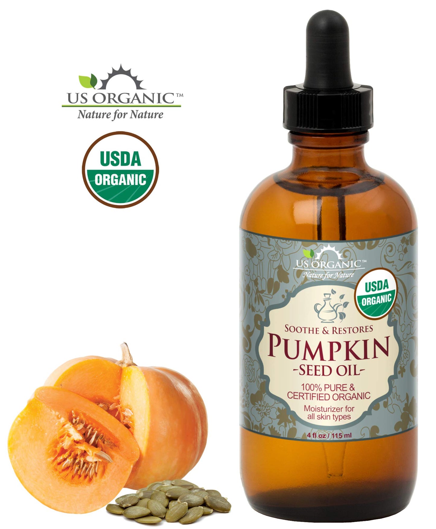 US Organic Pumpkin Seed Oil, USDA Certified Organic,100% Pure & Natural, Cold Pressed Virgin, Unrefined in Amber Glass Bottle w/Glass Eyedropper
