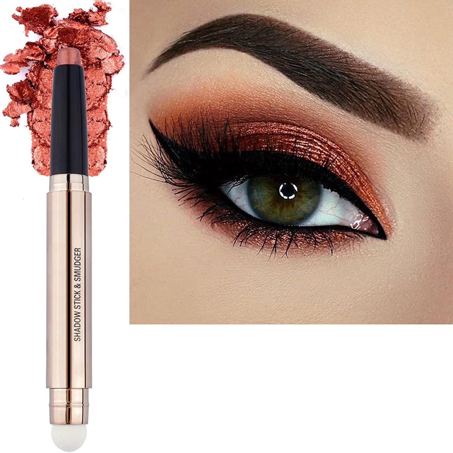 2 in 1 Orange Copper Eyeshadow Pencil, Cream Smooth Shimmer Eyeshadow Stick Crayon, Hypoallergenic Multi-Dimensional Waterproof Long Lasting Eye