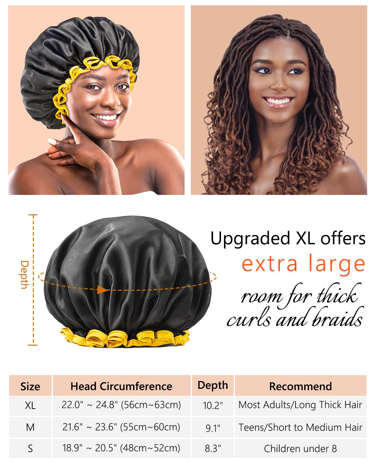 mikimini Extra Large Black Shower Caps Pack of 2 for Women and Men Thick Long Hair Braids, Reusable Waterproof Double Layers XL Bathing Hair Cap