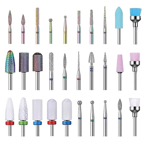 Nail Drill Bits Set, 3/32" Ceramic Tungsten Carbide Diamond Drill Kit,30Pcs Safety Professional Rotary Burrs Polish Nail File Bit for Acrylic Poly