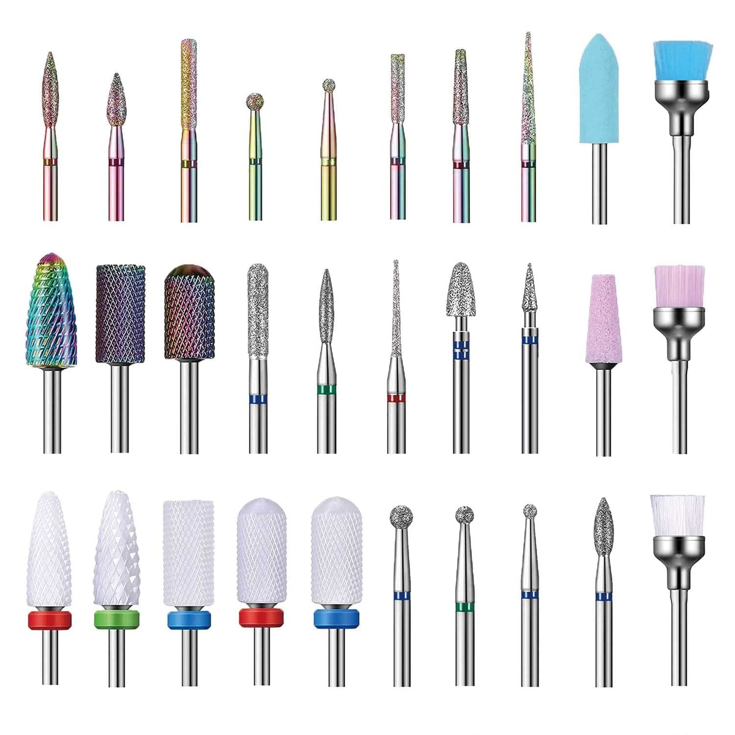 Nail Drill Bits Set, 3/32" Ceramic Tungsten Carbide Diamond Drill Kit,30Pcs Safety Professional Rotary Burrs Polish Nail File Bit for Acrylic Poly