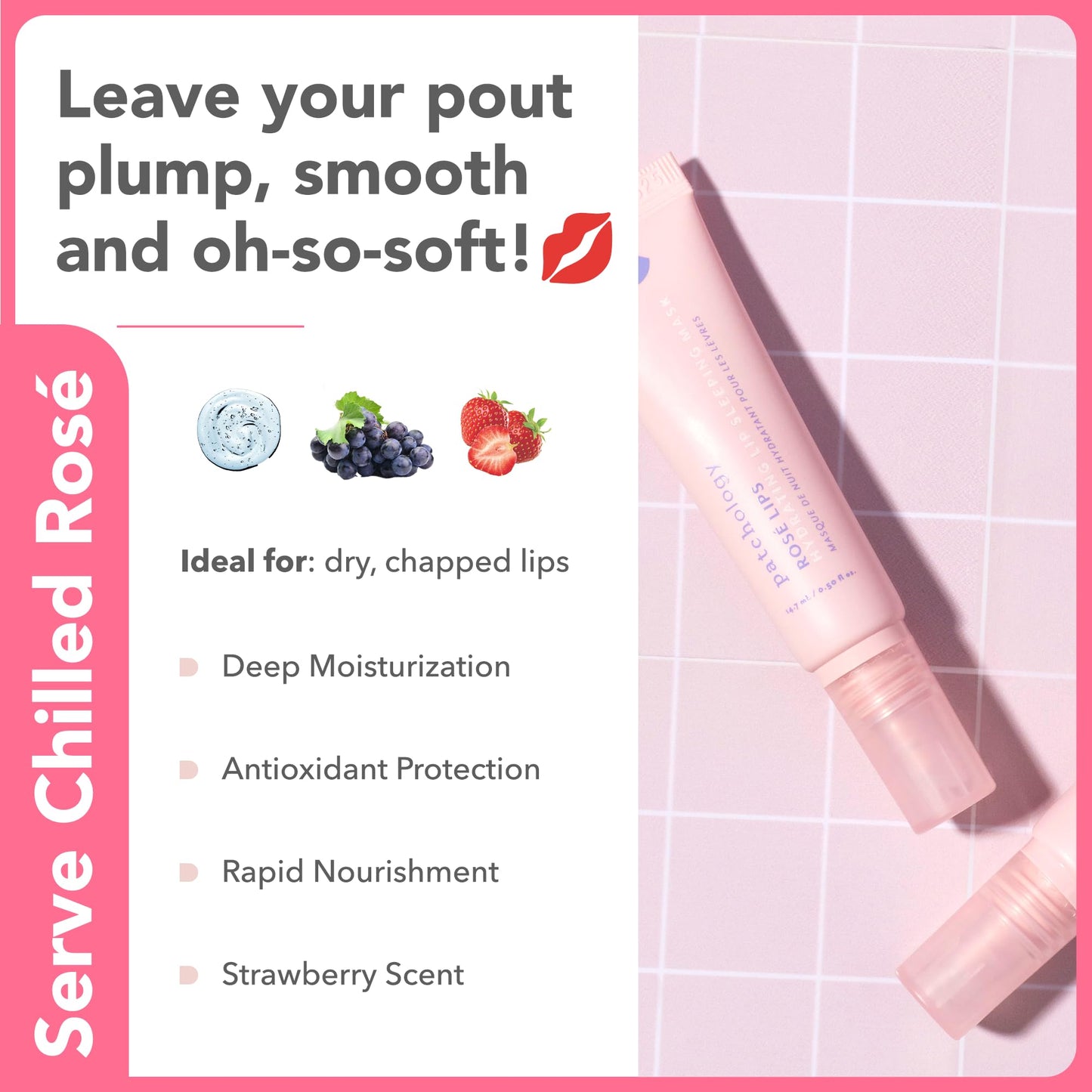 Patchology Rosé Lip Sleeping Mask - Overnight Lip Mask with Hyaluronic Acid and Resveratrol - Hydrating and Repairing Lip Gloss Treatment softens