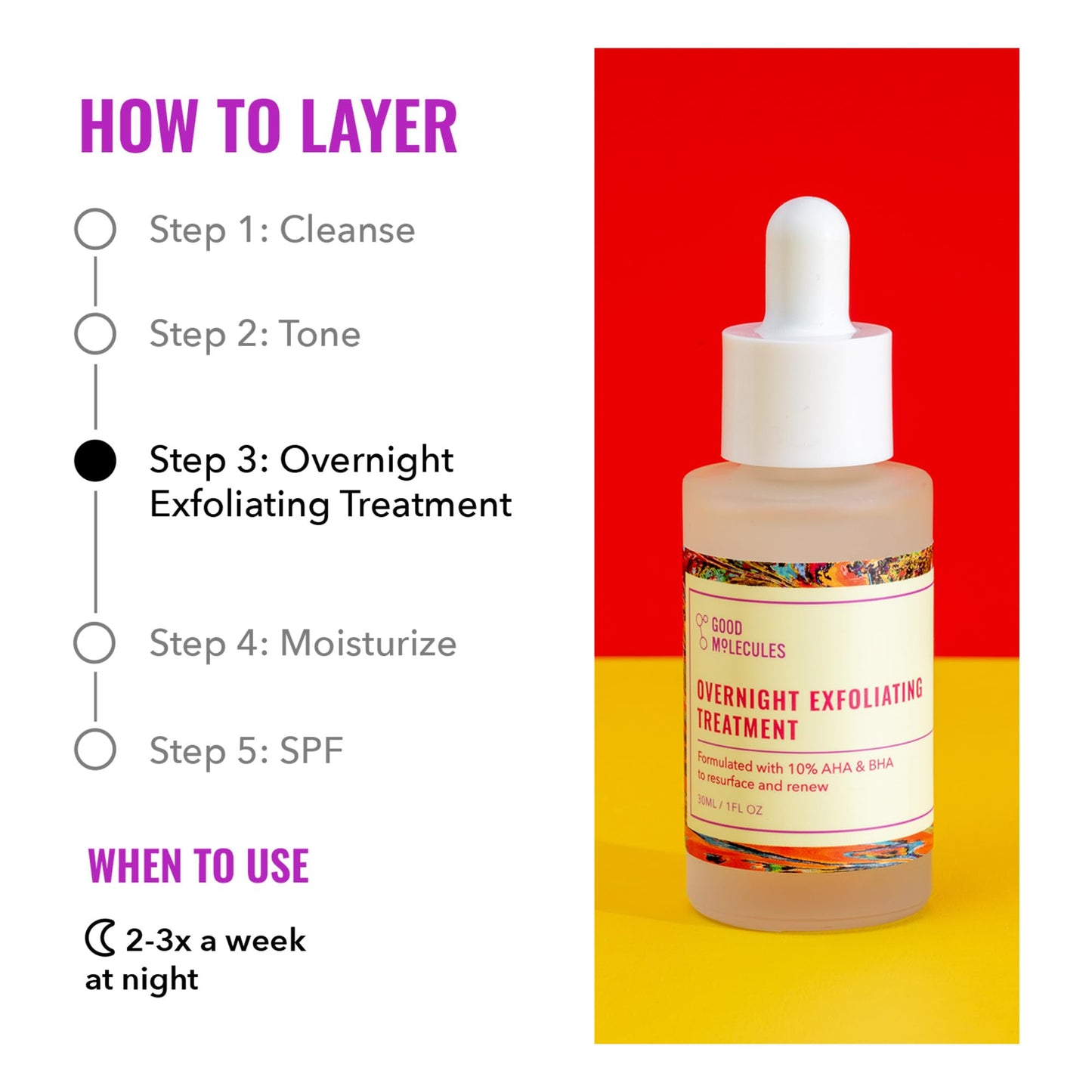 Good Molecules Overnight Exfoliating Treatment - Face Exfoliator with AHA & BHA Lightweight Formula - Pore Minimizer, Facial Skin Care with Glycolic