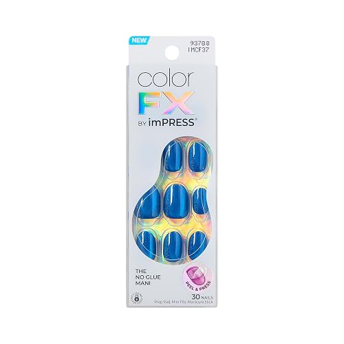 Kiss colorFX by Impress Press On Nails, Reconnect, 30 No Glue Peel and Stick Nails Kit with IMPROVED Adhesive, Blue Short Oval Pearlescent Effect Beauty & Personal Care imPRESS