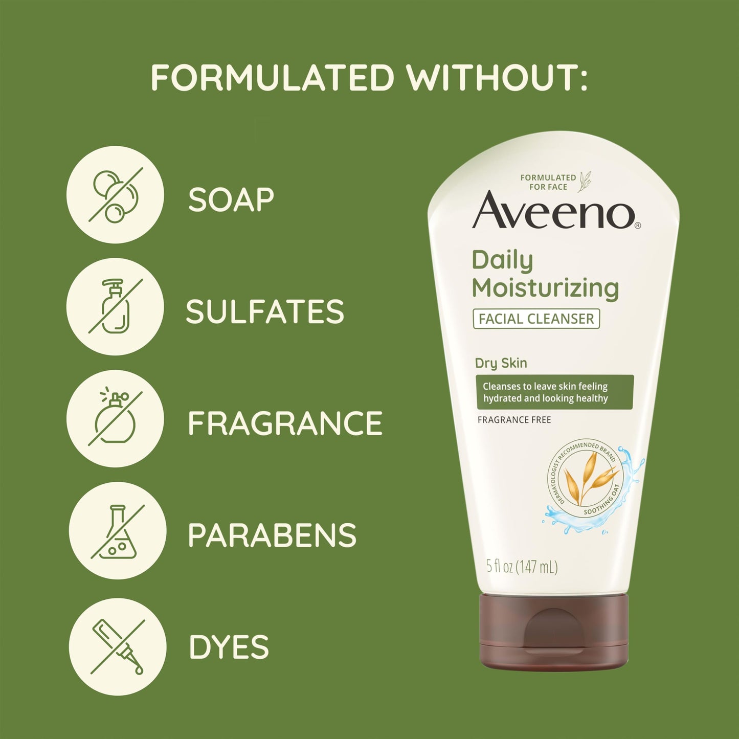 Aveeno Daily Moisturizing Facial Cleanser for Dry Skin, Hydrating Acne Face Wash with Soothing Oat for soft & Supple Skin, Free of Parabens, Sulfates